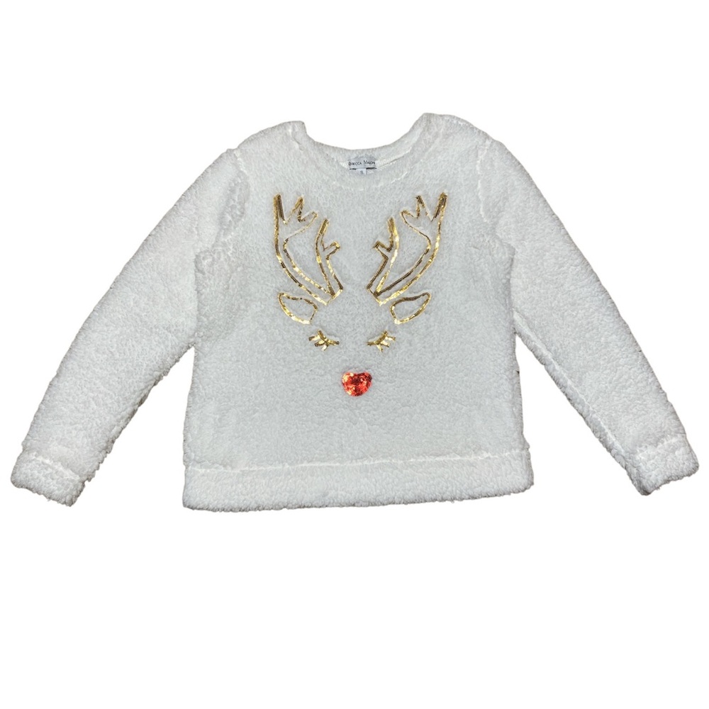 Rebecca Malone Sherpa Sweater Women’s S Sequin Reindeer Christmas Top Holiday